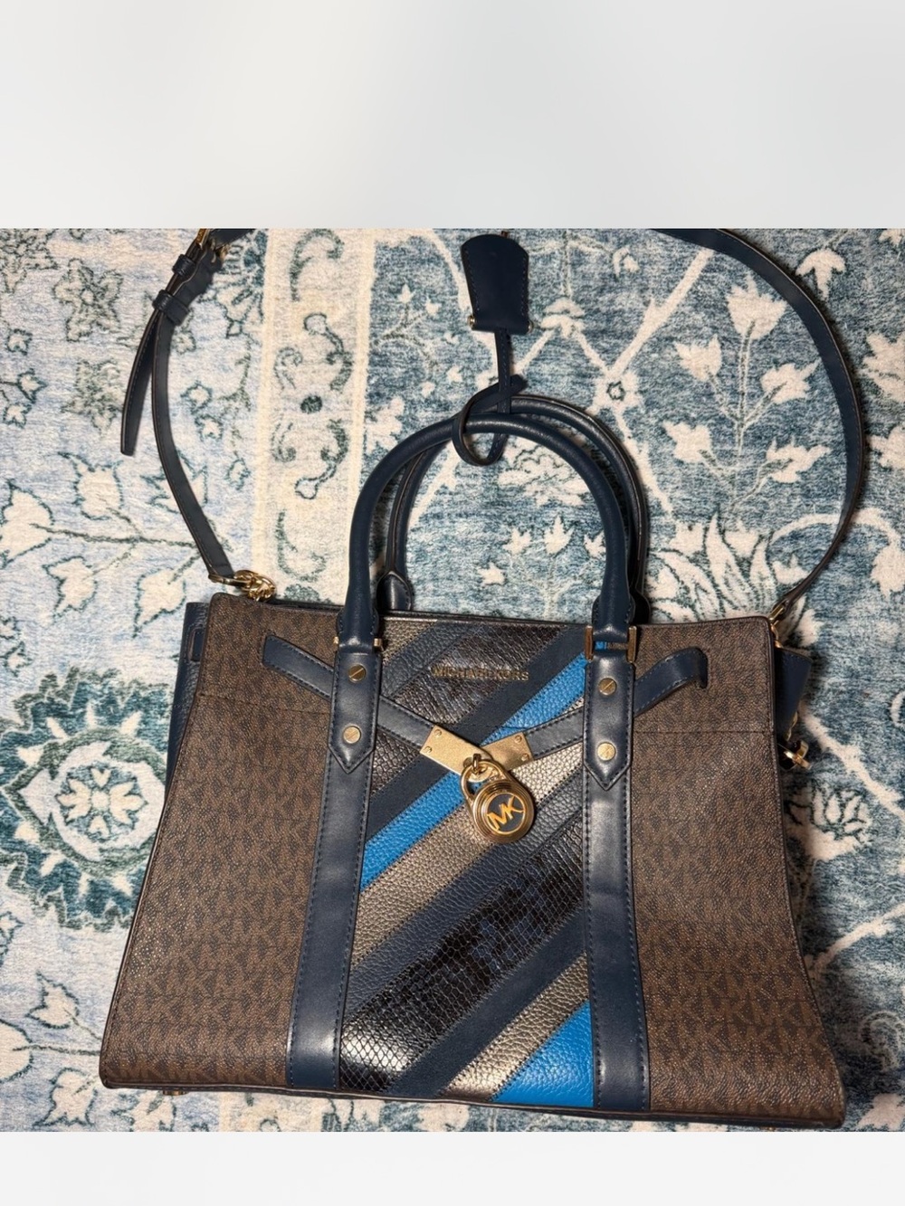 Michael Kors Brown and Blue Signature Stripe Satchel